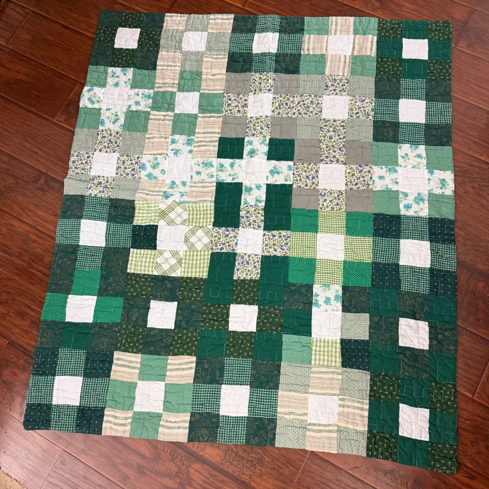 Handmade Patchwork Quilt Green White Floral Gingham Square Block Lap Blanket